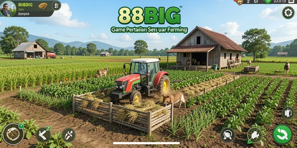 Tampilan gameplay 88BIG dengan petani merawat tanaman hijau.