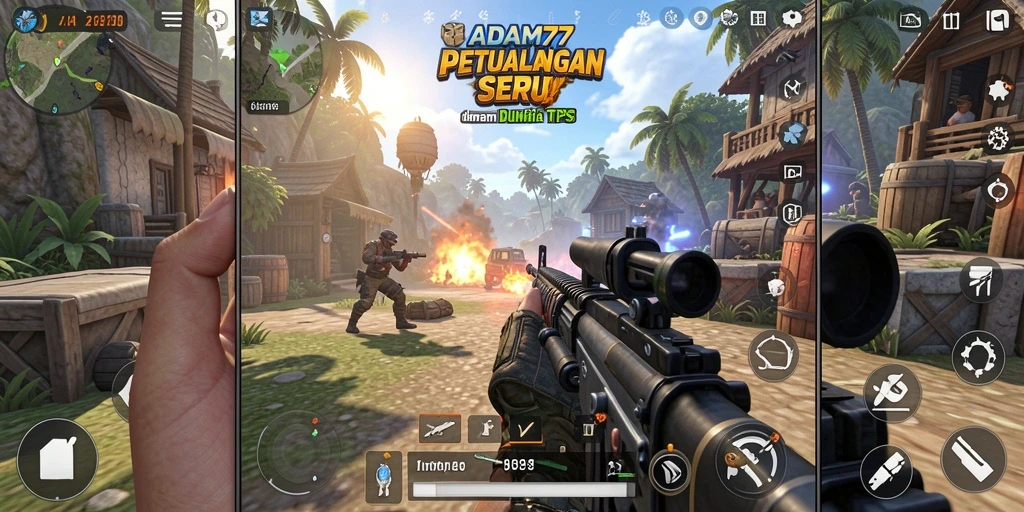 Screenshot gameplay ADAM77 menampilkan aksi menegangkan dalam TPS.
