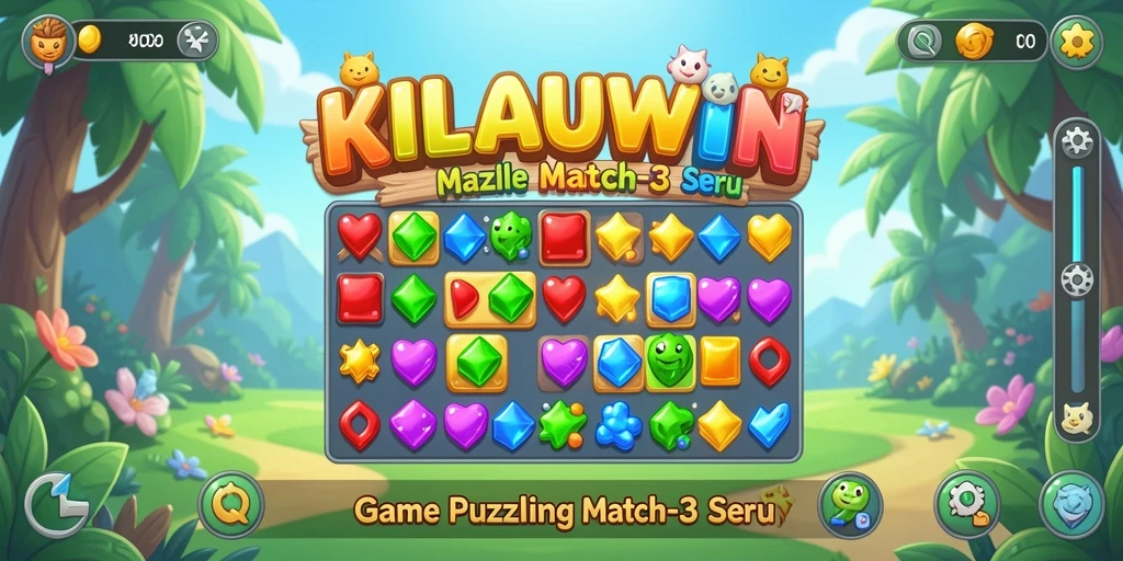 Tampilan permainan KILAUWIN dengan permata berwarna-warni dan gameplay seru.