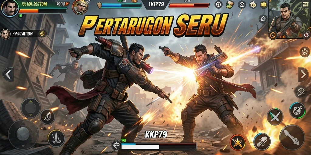Screenshot menunjukkan karakter utama KPK79 dalam pertempuran dramatis.