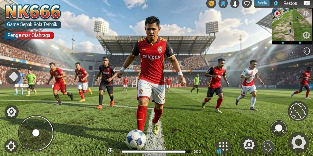 Screenshot gameplay NK666 menampilkan aksi seru di lapangan sepak bola.