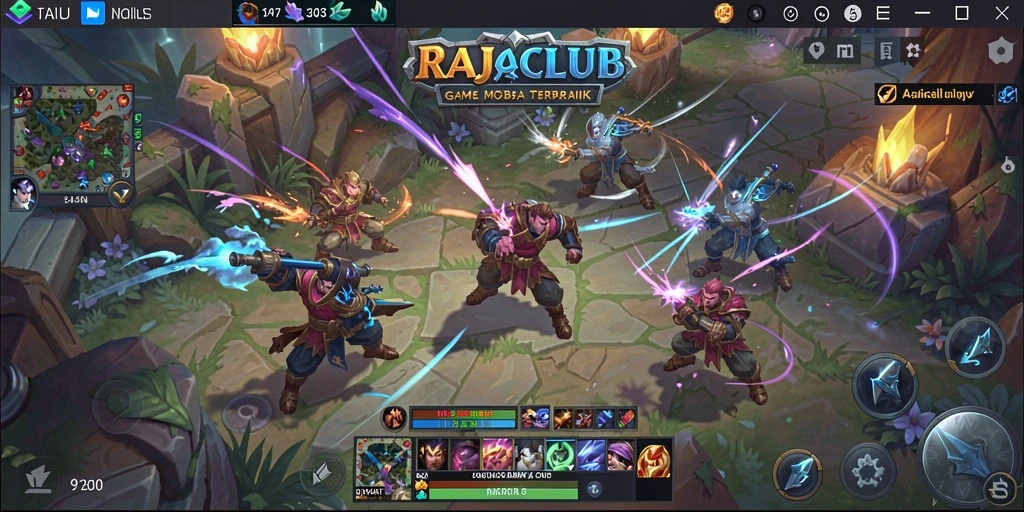 Screenshot RAJACLUB menampilkan aksi intens dalam pertempuran MOBA.