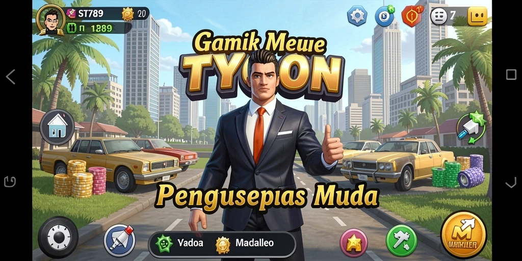 Screenshot gameplay ST789 menunjukkan suasana kompetisi bisnis yang seru.