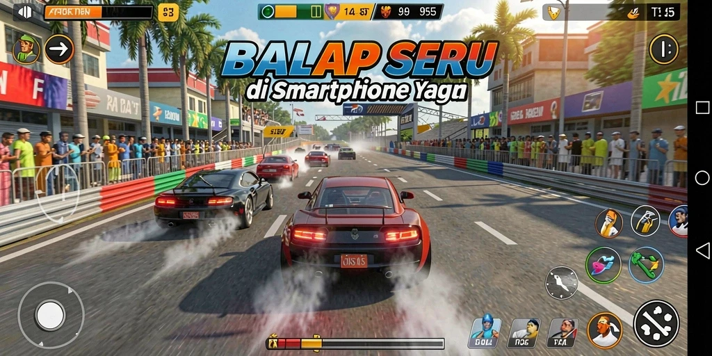 Screenshot T6 menampilkan aksi balap mobil di lintasan yang menegangkan.