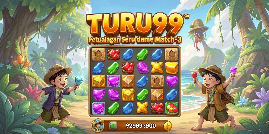 Tampilan gameplay TURU99 yang cerah dan seru dalam Match-3.